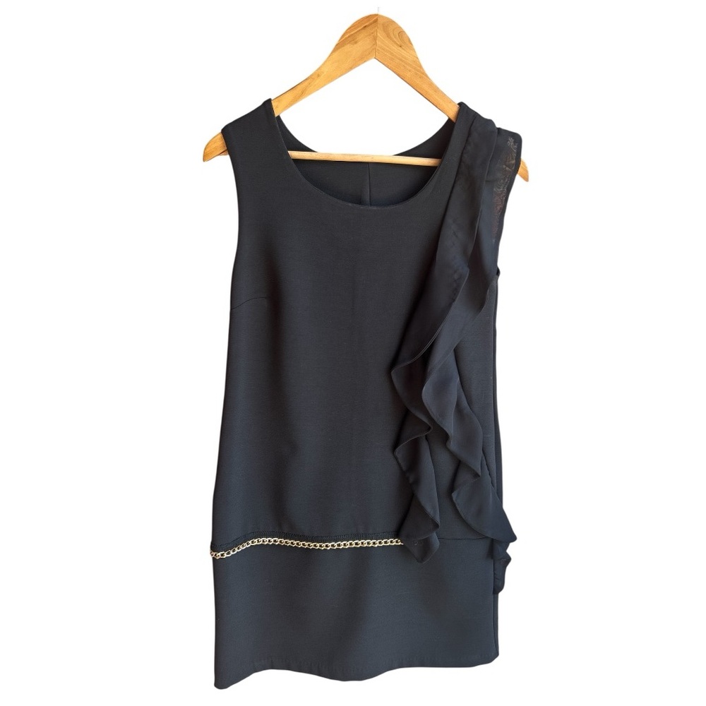 Sleeveless Black Midi Dress with Ruffle & Chain Trim